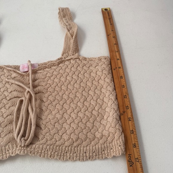 Womens Beige Tan Crochet Knit Crop top chunky preppy boho western sweetheart - Picture 5 of 6